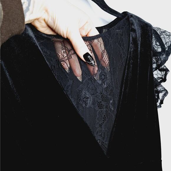 Zara Velvet Lace Babydoll Skater Dress Medium Goth Flutter Sleeve Sheer Witchy - Picture 3 of 11